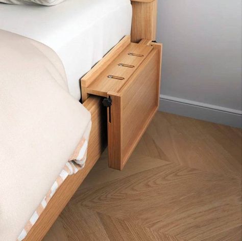 Its wooden construction matches the bed, creating a harmonious look. I love how you can fold it up when you’re not using it, so you’ve got more room to move around! Image credit: INSTAGRAM @OUTOFDECOR Bed Attached Side Table, Bedroom With Side Tables, Fold Out Bedside Table, Folding Bedside Table, Space Saving Bedside Table, Bed Without Side Tables, No Bedside Table Ideas, No Space For Bedside Table, Tiny Bedside Table Ideas