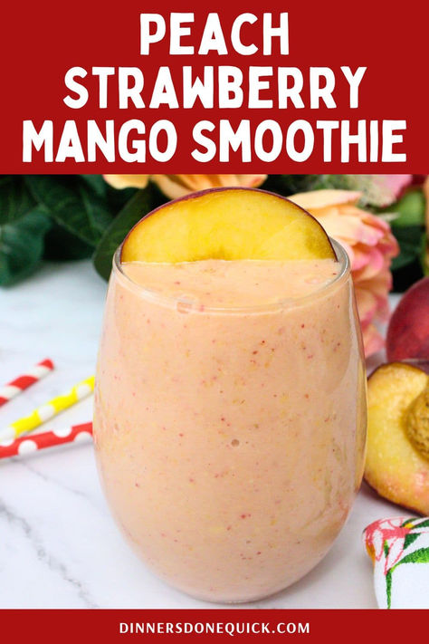 Enjoy a refreshing and healthy Peach Strawberry Mango Smoothie! This delicious blend of juicy peaches, strawberries, and mangoes is perfect for breakfast or a midday snack. Packed with vitamins and antioxidants, this smoothie is as nutritious as it is tasty. Ready in minutes, it's a perfect way to start your day or cool down on a hot afternoon. Click to get the full recipe and make your own tropical delight! #SmoothieRecipe #HealthySmoothies #PeachSmoothie #StrawberrySmoothie #MangoSmoothie Mango Breakfast, Peach Mango Smoothie, Morning Smoothie Recipes, Peach Smoothie Recipes, Strawberry Mango Smoothie, Fresh Peach Recipes, Mango Smoothie Recipes, Mango Drinks, Peach Strawberry