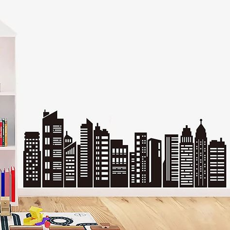 decalmile Black City Skyline Wall Stickers Silhouette Wall Decals Kids Bedroom Living Room Wall Decor : Amazon.co.uk: DIY & Tools Superhero Room Decor, Baby Wall Stickers, Kids Bedroom Boys, Superhero Room, Black City, Geometric Shapes Art, City Silhouette, Tree Wall Stickers, Peeling Paint