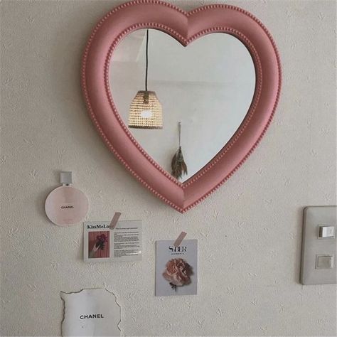 Korean Living Room, Unique Dresser, Stylish Mirror, Dopamine Decor, Heart Mirror, Aesthetic Space, Shaped Pillow, Room Deco, Cosmetic Mirror