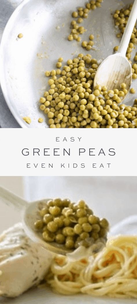 A simple green pea recipe your kids will love. Canned green peas offer a shortcut to cooking peas while butter, shallot, and white wine provide elegant flavor. It has never been so easy to get your kids to eat their greens! Can Peas Recipe, Canned Peas, Green Peas Recipes, Creamed Peas, Pea Pesto, Sides Recipes, Julie Blanner, Stove Top Recipes, Canned Vegetables