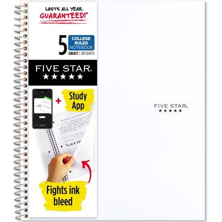 "LASTS ALL YEAR. GUARANTEED!* This Five Star 5 Subject Notebook is full of features. Compatible with the Five Star study app, you can easily scan, study and organize notes on your phone! Create instant digital flashcards and sync notes to Google Drive and access them anywhere from any device. 5 subject notebook has 200 double-sided, college ruled sheets, which fight ink bleed. Sheets measure 8 1/2\" x 11\" and are perforated for easy tear out. Tough pockets help prevent tears and hold 8 1/2\" x Five Subject Notebook, Five Star Notebook 5 Subject, 5 Star Notebook, 5 Subject Notebook, Star Notebook, Five Star Notebook, Organize Notes, Brady Noon, Digital Flashcards