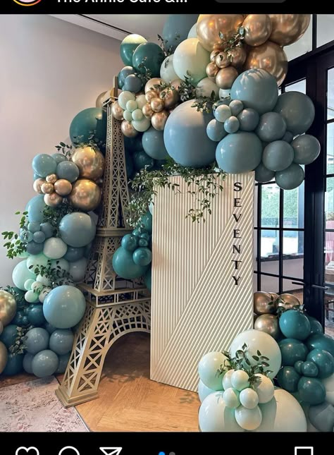 Paris Party Backdrop Ideas, Paris Theme Balloon Garland, Travel Theme Balloon Arch, Paris Themed Brunch, Paris Homecoming Theme, Parisian Sweet 16, Emily In Paris Party Theme, A Night In Paris Prom Theme, Night In Paris Prom Theme