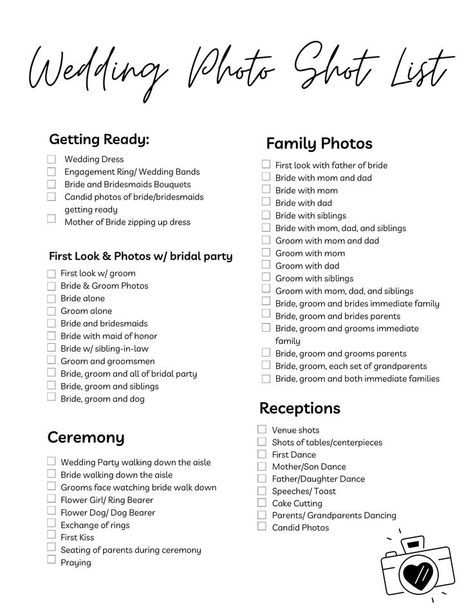 Wedding Day Checklist Things To Do, Checklist For Bride On Wedding Day, 1 Month Wedding Checklist, Wedding Photo Lists For Photographer, Wedding Day Photo Checklist, Brides Checklist Wedding Day, Wedding Photo Checklist Photography, Wedding Photos Must Have List, Day Of The Wedding Checklist