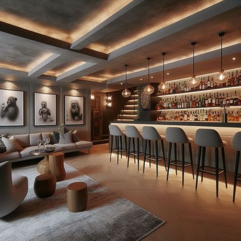 Basement With Bar Bar Parlor Room Ideas, Contemporary Basement Bar, Basement With Bar Ideas, Built In Shelves Bar, Modern Rustic Basement Bar, Luxury Basement Apartment, High End Basement Ideas, Bar Behind Couch Basements, Basement Speakeasy Bar