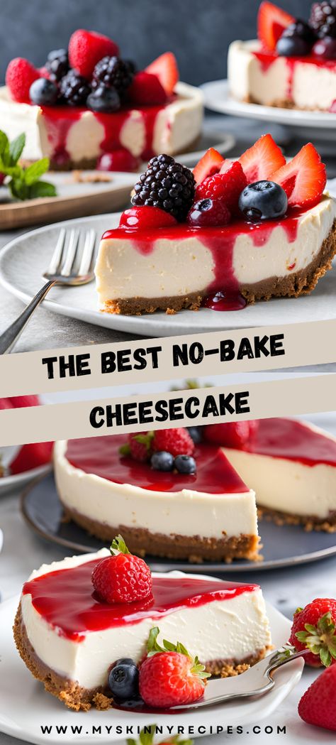 Indulge in the Best No-Bake Cheesecake! 🍰✨ Creamy, rich, and incredibly easy to make, this cheesecake is a dream dessert for any occasion. With a buttery graham cracker crust and a luscious cream cheese filling, it's a crowd-pleaser that's ready in no time. Top with your favorite fruits, preserves, or whipped cream for a personalized touch. Perfect for parties, potlucks, or a sweet treat any day of the week! #NoBakeCheesecake #EasyDessert #CreamyDelight #SweetTreats #myskinnyrecipes 🍓🥧 No Bake Cheesecake With Heavy Cream, Na Bake Cheesecake, No Bake New York Cheesecake Recipes, No Bake Creamy Cheesecake, Cheesecake In Muffin Tins, Cool Whip No Bake Cheesecake, Quick No Bake Cheesecake, Cheese Cakes For Birthday, Cheesecake Without Water Bath