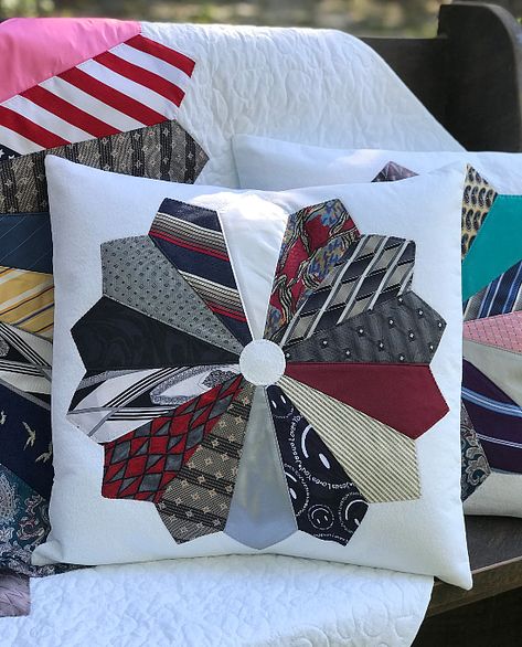 Use Neckties to Make a Memory Pillow - Quilting Digest Neck Tie Quilt Patterns, Quilts Made From Men’s Ties, Tie Pillows How To Make, Mens Ties Repurposed, Repurpose Ties, Memory Crafts From Clothes, Homespun Quilts, Necktie Projects, Memory Pillow From Shirt