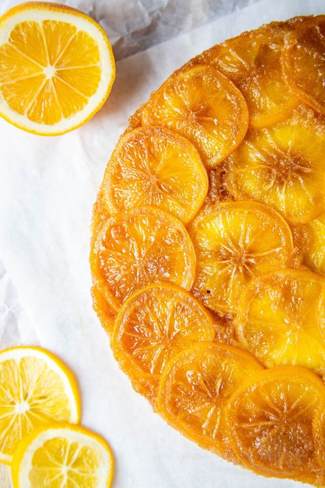 Meyer Lemon Upside-Down Cake 2 Lemon Upside Down Cake Recipe, Upside Down Citrus Cake, Lemon Poppyseed Upside Down Cake, Upside Down Lemon Cake, Meyer Lemon Desserts, Poppyseed Recipes, Meyer Lemon Cake, Lemon Upside Down Cake, Meyer Lemon Recipes