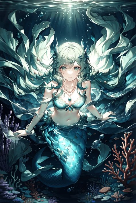 Anime Mermaid Female, Mermay Prompt 2024, Ice Mermaid Art, White Hair Mermaid Art, Mermaid Queen Art, Mermaid Anime, Bioluminescent Mermaid Art, Anime Mermaid, Mermaid Pictures