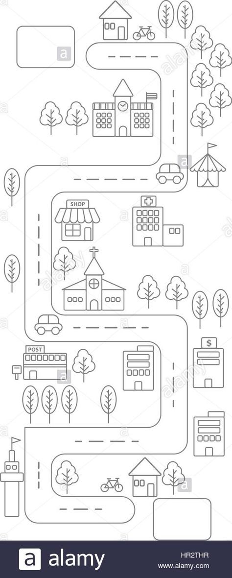 Simple line urban town map icon on white background Stock Vector My Town Drawing, Town Map Drawing, Town Drawing Simple, Map Drawing Simple, Ideal Community Drawing, Map Doodle, Map Art Illustration, Map Cartoon, City Map Drawing