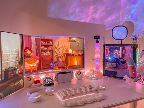 New Pc, Pc Kawaii Setup, Cozy Gaming Setup Purple, Neon Pc Setup, Pc Cozy Games, Cozy Pc Setup Pink, Cozy Workspace, Gaming Desk Setup, Cozy Desk