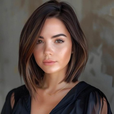 Lob Haircut Selena Gomez, A Line Bob Balayage Brunette, Round Lob Haircut, Stacked Bob Haircut Shoulder Length, Collarbone Length Hair Straight Fine, Long Front Bob Short Back, Below The Chin Bob, Black Hair Lob Haircut, Medium Length Haircut Low Maintenance Straight