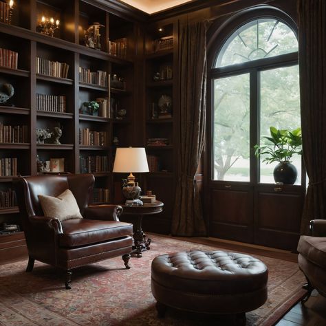 A sophisticated classic home library with floor-to-ceiling bookshelves, a cozy reading chair, and dark wood finishes, perfect for book lovers. #HomeLibrary #ClassicStyle #Bookshelves #DarkWood #ReadingChair Old Home Library, Dark Wood Built Ins, Dark Home Library, Dark Academia Home Library, Dark Wood Library, Moody Home Library, Classic Home Library, Library Room Cozy, Dark Study