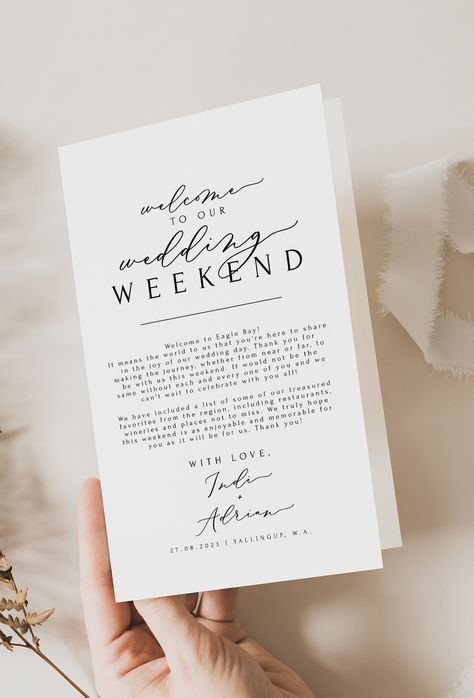 Wedding Welcome Pack, Wedding Weekend Ideas, Welcome Letter Wedding, Wedding Welcome Booklet, Wedding Welcome Sign Itinerary, Wedding Itinerary For Guests Signs, Welcome To Our Wedding Weekend, Wedding Weekend Itinerary For Guests, Save The Weekend