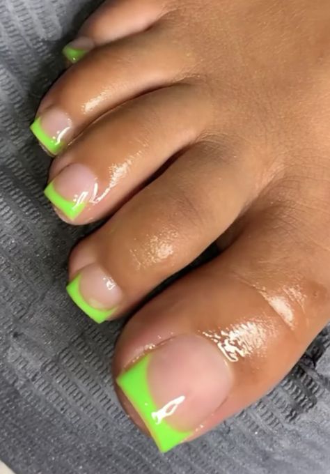 Toenail Art Designs French Tip, Neon French Tip Pedicure, Short Acrylic Nails Summer Colors, Bright Orange Toe Nails, Fluorescent Green Nails, Green Nails And Toes, Green Toes Nails, Green Acrylic Toes, Gel Toe Nails Summer Toenails