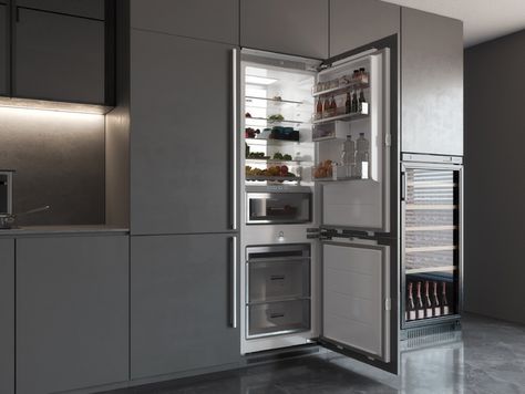 This built-in combination refrigerator and freezer features an integrated drawer design, surround cooling, a modular inner case and wall panel LED lighting. It provides a Fresh filter, ultra-silent operation, vacuum insulation panels, digital controls, 100% frost-free performance and a hybrid cooling fan. The integrated drawer design allows convenient access and storage. Surround cooling maintains consistent temperatures throughout the interior. #BuiltInRefrigerator #KitchenAppliances Build In Fridge, Built In Fridge, Fridge Dimensions, Cabinet Fridge, Refrigerator And Freezer, Kitchen Fridges, Built In Refrigerator, Drawer Design, Wall Panel