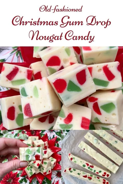 Collage of Christmas gum drop nougat candy in squares, in a hand, and on a cutting board. Christmas Gumdrop Nougat, Gumdrop Nougat, Nougat Recipe, Nougat Candy, Milk Chocolate Fudge, Holiday Candy Recipes, Gum Drop, Holiday Cookie Exchange, Old Fashioned Candy