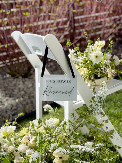 Our elegant and practical reserved row sign was designed specifically with your wedding ceremony in mind! Our beautifully crafted sign adds a touch of sophistication and functionality to your wedding ceremony. Choose from 5x7, 8x10" rectangular or 8x12" scalloped acrylic signs - large enough to be noticed by your guests to alert them that this row is reserved without being overwhelming! Our signs can easily be placed on any chair or row, providing clear indication to your guests that these seats Reserved Seating Wedding, Reserved Wedding Signs, Ceremony Signage, Wedding Ceremony Chairs, Wedding Ceremony Seating, White Wedding Ceremony, Wedding Chair Signs, Greenery Wedding Decor, Sign For Wedding