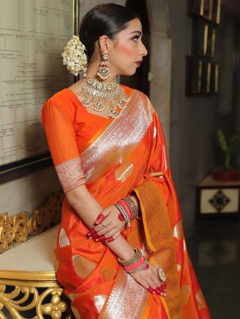 Orange Banarasi Saree, Indian Dress Up, Trendy Outfits Indian, Indian Sari Dress, Attractive Dresses, New Saree Blouse Designs, Saree Draping, Indian Bride Outfits, Fancy Sarees Party Wear