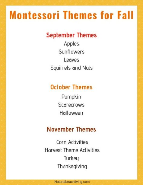 100+ Montessori Activities for Fall, Fall Themes, Fall Themes for Preschool, Montessori Monthly Themes, September Preschool Themes, October Preschool Themes and November Preschool Themes and Activities for Preschool and Kindergarten #fallthemes #fall #montessori #preschool #kindergarten #freeprintables #preschoolthemes Montessori Monthly Themes, Montessori Lesson Plans Template, November Preschool Themes, October Preschool Themes, September Preschool Themes, Themes For Preschool, Montessori Lesson Plans, October Lesson Plans, November Preschool