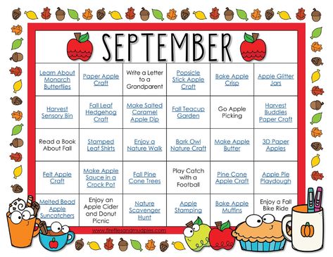 Free Printable September Activity Calendar - Perfect for September craft and activity ideas! #september #kidsactivities #freeprintable September Science Experiments Preschool, Fun September Crafts For Kids, September Theme Preschool, September Homeschool Crafts, Crafts For September For Seniors, Fun September Activities For Kids, September Learning Themes, September Daycare Activities, September Family Activities