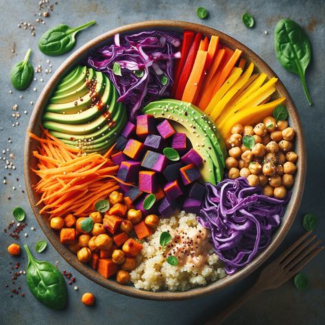 40 Satisfying Vegan Salads - Daily Vegan Meal Vegan Veggie Bowl, Vegan Protein Bowls, Vibrant Food, Rainbow Vegan Food, Raw Vegan Salad, Vegan Aesthetic, Roasted Veg Buddha Bowl, Plant Based Buddha Bowl, Vegetarian Bowls Buddha