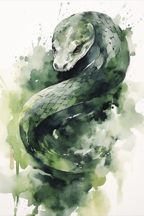 Simple Snake Painting, Slytherin Watercolor, Fantasy Watercolor Art, Slytherin Painting Ideas, Dark Watercolor Paintings, Harry Potter Painting Ideas On Canvas, Dark Watercolor Art, Harry Potter Watercolor Art, Harry Potter Snake