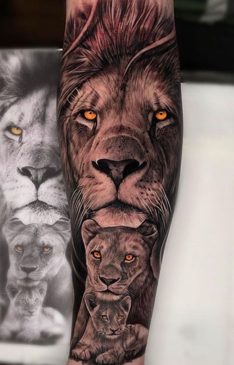 Cool Lion Tattoo Ideas 2022 Family Lions Tattoos, Lion Family Forearm Tattoo, Family Tattoos Animals, Lion And Family Tattoo, Lions Family Tattoo Design, Lion And 2 Cubs Tattoo, Men’s Family Tattoo Ideas, Lion Tattoo Family, Lions Tatoos