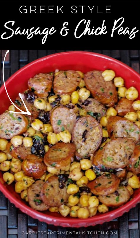 Greek Style Sausage and Chick Peas made with Italian sausage, chickpeas, Kalamata olives, garlic, and lemon. Veal Recipes, Chick Peas Recipes Dinner, Greek Sausage, Garbanzo Bean Recipes, Sausage Salad, Best Easy Dinner Recipes, Healthy Beans, Greek Chickpeas, Lemon Recipe