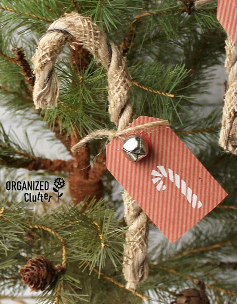 Burlap Christmas Crafts Diy, Burlap Christmas Crafts, Burlap Christmas Ornaments, Burlap Ornaments, Burlap Tree, Homemade Christmas Tree, Kraft Paper Tags, Christmas Burlap, Candy Cane Ornament