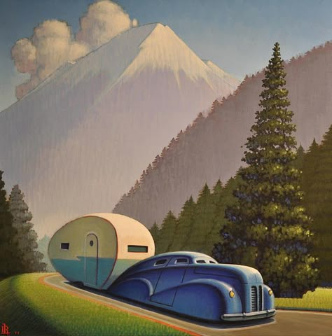 "Mountain Road"   by Robert LaDuke.  This guy has a lot of cool vintage travel poster looking stuff. Art Deco Illustration, New Retro Wave, Deco Poster, Edward Hopper, Art Deco Posters, Mountain Road, Vintage Trailers, Display Design, Retro Futurism