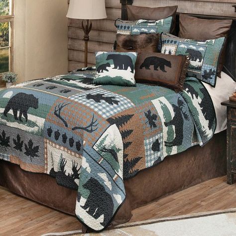 Moose Quilt, Rustic Bedding Sets, Quilted Bedding, Blue Bedding Sets, Black Forest Decor, Bear Quilts, Quilts Decor, Rustic Bedding, Queen Size Quilt