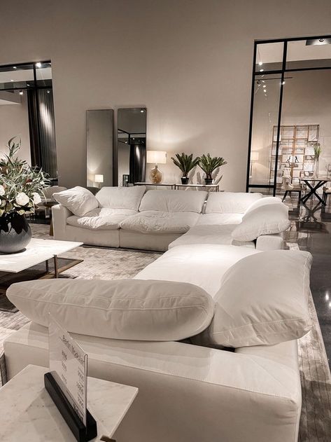 Chic White Apartment, Nice Modern Bedrooms, Rh Sofa In Living Room, Comfy Cloud Couch, Living Room With Cloud Couch, White Plush Couch, Cloud Sofa Living Room Design, Comfy Modern Home, White Cloud Sofa