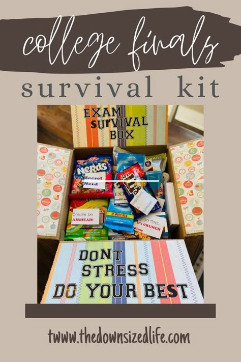 college finals survival kit Midterm Care Package, College Daughter Care Package, Final Exam Boxes, College Finals Week Care Packages, College Final Exam Care Package Ideas, Exam Week Care Package, Final Survival Kit College, Final Exam Survival Kit Gift Ideas, First Week Of College Care Package