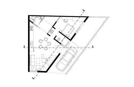 Triangle House Floor Plan, Triangle Lot House Plan, Triangular Lot House Plan, Angular Floor Plan, Circular Dormitory Plan, Smart House Plans, Small House Architecture, Narrow House Designs, Triangle House