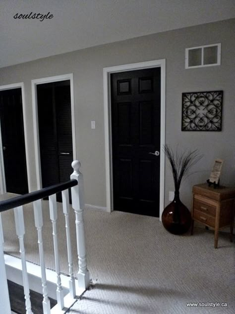 Black Interior Doors, Loft Ideas, Black Door, Black Doors, Interior Doors, Grey Walls, White Trim, The Doors, Black Interior