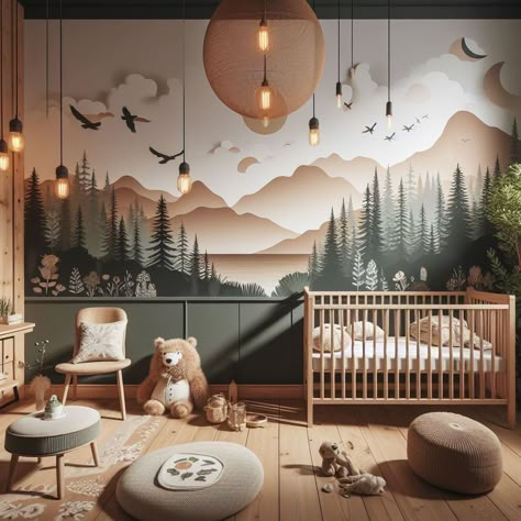 Forest Boy Room, Mountain Forest Nursery, Forest Baby Room, Forest Nursery Ideas, Baby Boy Nursery Room Design, Forest Baby Rooms, Forest Kids Room, Forest Theme Nursery, Mountain Nursery Wall