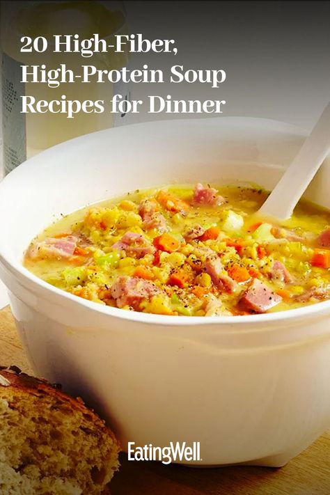 These easy deliciously satisfying soup recipes are packed with fiber and protein to help you stay full for the rest of the night. Recipes like our Slow-Cooker Chicken & White Bean Stew and Red Lentil Soup with Saffron are some of the most delicious and satisfying ways to enjoy a bowl soup at dinnertime. High Fibre Soup, Fiber Rich Soups, Recipes With Fiber, High Fiber Soup Recipes, Soup Recipes For Dinner, Fiber Soup, Protein Soup Recipes, Low Fat Soups, White Bean Stew