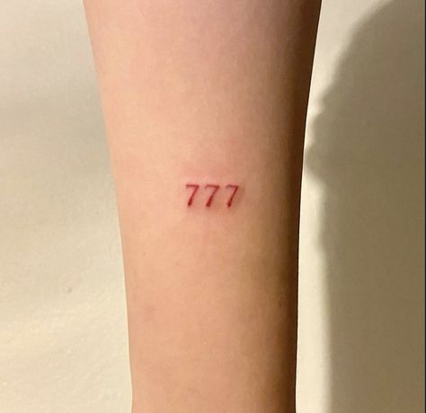 Red 777 Tattoo, 777 Tattoo Red, 777 Angel Number Tattoo, 777 Tattoo Design, 777 Tattoo, Number Tattoos, Stick N Poke Tattoo, Red Tattoos, Poke Tattoo