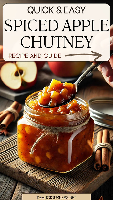 Looking for a way to spice up your fall dishes? This sweet and spicy apple chutney is the perfect recipe to use up those fresh apples from your local farmers’ market. With just the right amount of sweetness and a touch of heat, which can be adjusted by adding chili flakes, this chutney pairs beautifully with roasted meats, cheese platters, or spread over toast. Bonus: It’s easier to make than you think, and it’ll make your kitchen smell amazing! Spiced Apple Chutney Recipe, Indian Apple Chutney Recipe, English Chutney Recipes, Simple Chutney Recipes, Cherry Chutney Recipe, Chutney Recipes Easy, Quick Chutney Recipes, Apple Chutney Recipe Canning, Spicy Apple Chutney