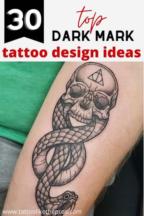 If you’re an avid fan of the Harry Potter series with a particular fondness for the house of Slytherin and the Dark Arts, then the Dark Mark tattoo theme is perfect for you. It’s an awesome design that any loyal Harry Potter fan will immediately recognize upon seeing your tattoo. It looks awesome on your skin, and it’s even a pretty great icebreaker! Check out these 30 top dark mark tattoo design ideas for inspiration. Dark Mark Tattoo Design, Dark Mark Tattoo Feminine, Harry Potter Tattoos Slytherin, The Dark Mark Tattoo, Slytherin Tattoo Ideas, Harry Potter The Dark Mark, Harry Potter Dark Mark Tattoo, Dark Mark Tattoo, Voldemort Tattoo Dark Mark