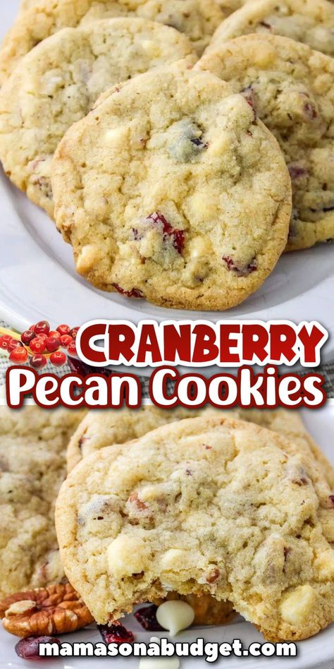 These Cranberry Pecan Cookies are chewy, delicious and full of crunchy pecans, white chocolate chips, and dried cranberries. You can't go wrong with this easy recipe. Pecan White Chocolate Chip Cookies, Cranberry Pecan Cookies Recipe, Dried Cranberry Cookies Recipes, Cookies With Cranberries And Pecans, White Chocolate Cranberry Cookies Recipe, Recipes With Whole Cranberries, Cookies With Dried Cranberries, Craisins Recipes Dried Cranberries, Pumpkin Cranberry Cookies