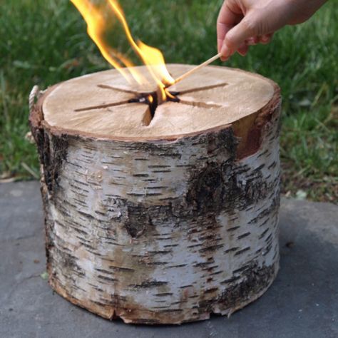 An all natural way to get a fire going quickly in a fireplace, fire pit, or chiminea using just a single match and zero chemicals. Swedish Fire Log, Bonfire Pits, Log Candles, Birch Logs, Bonfire Night, Tree Stump, Outdoor Fire, Outdoor Fire Pit, Camping Ideas