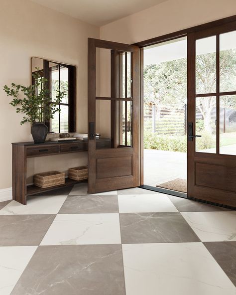 Leona 24x24 Matte Porcelain Tile in Amani Grey Kitchen With Mosaic Tile Floor, Tile Main Floor, Checkerboard Flooring Kitchen, Kitchen Off Entryway, Checkerboard Tile Floor Kitchen, Kitchen With Spanish Tile Floor, Oak Cabinets Tile Floor, Large Scale Tile Floor, Checkboard Floor Bathroom