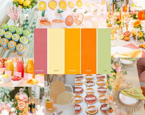 Citrus Hens Theme, Bridal Shower Sunset Theme, Citrus Themed Bachelorette Party, Marks And Matrimony Decor, She Found Her Main Squeeze Bridal Party Backdrop, Citrus Garden Party, Citrus Photo Backdrop, Citrus Wedding Theme Bridesmaid Dresses, Tutti Frutti Bridal Shower Theme