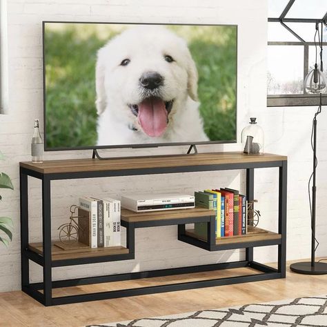 Williston Forge Neilsen TV Stand for TVs up to 65" | Wayfair Modern Media Unit, 60 Tv Stand, Large Tv Stands, Rustic Tv Stand, Rustic Console Tables, Media Console Table, Barn Door Designs, Solid Wood Tv Stand, Cool Tv Stands