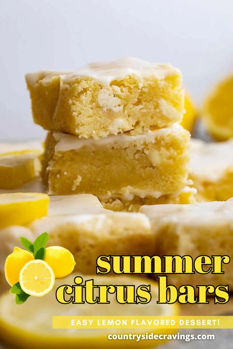 Brighten your day with our Summer Citrus Bars! These zesty bars feature a luscious lemon flavor, a perfectly fudgy texture, and a sweet glaze making them the perfect balance of tangy and sweet. Simple to make and bursting with fresh citrus flavor, they’re ideal for picnics, barbecues, or any summer gathering. Citrus Bars, Orange Bars, Desert Bars, Lemon Desserts Easy, Easy Dinner Desserts, Lemon Brownies, Cookie Dough Bars, Sweet Glaze, Lemon Dessert