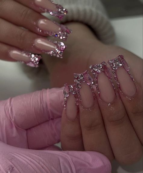 Pink Diamond French Tip Nails, Blinged Short Nails, Nail Birthday Design, Pixie Diamond Nails, Pink Gemstone Nails, 20th Birthday Nails Acrylic, Acrylic Nail Freestyle, Medium Bling Nails, Princess Acrylic Nails