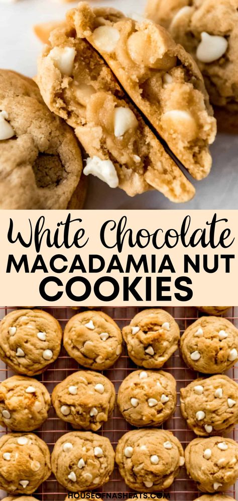 These buttery, soft, chewy cookies are studded with smooth, creamy white chocolate and roasted macadamia nuts for a bit of extra texture. Full of flavor, these bakery-style White Chocolate Macadamia Nut Cookies speak to my soul. | white chocolate macadamia nut cookies recipe | white chocolate macadamia nut cookies easy | best white chocolate macadamia nut cookies recipe | homemade white chocolate macadamia nut cookies recipe | how to make white chocolate macadamia nut cookies Macadamia Chocolate Chip Cookies, White Macadamia Nut Cookies Recipe, Macadamia Nut Cookies Recipe Easy, Macadamia Nut Cookies Crumbl, Easy Macadamia Nut Cookies Recipe, Macadamia Cookies Recipe, Cookies Recipes White Chocolate Chip, Best Macadamia Nut Cookies Recipe, White Chip Macadamia Nut Cookies Recipes