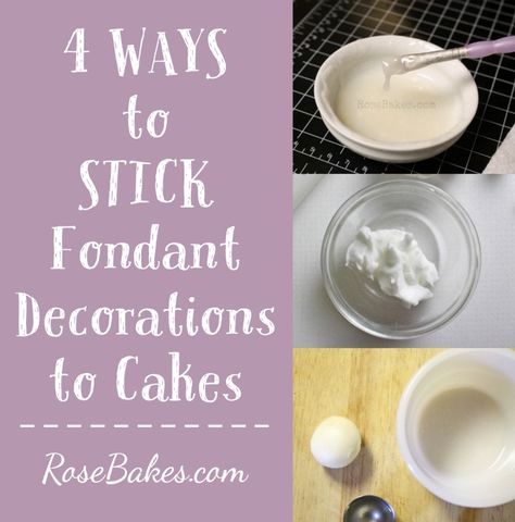 4 Ways to Stick Fondant Decorations to Cakes! Click over to find out 4 different ways to stick fondant decorations on a fondant cake when cake decorating! ~ Rose Bakes Fondant Tips, Fondant Techniques, Decorating With Sticks, Fondant Recipe, Wedding Cake Recipe, Easy Cake Decorating, Fondant Decorations, Fondant Flowers, Cake Business